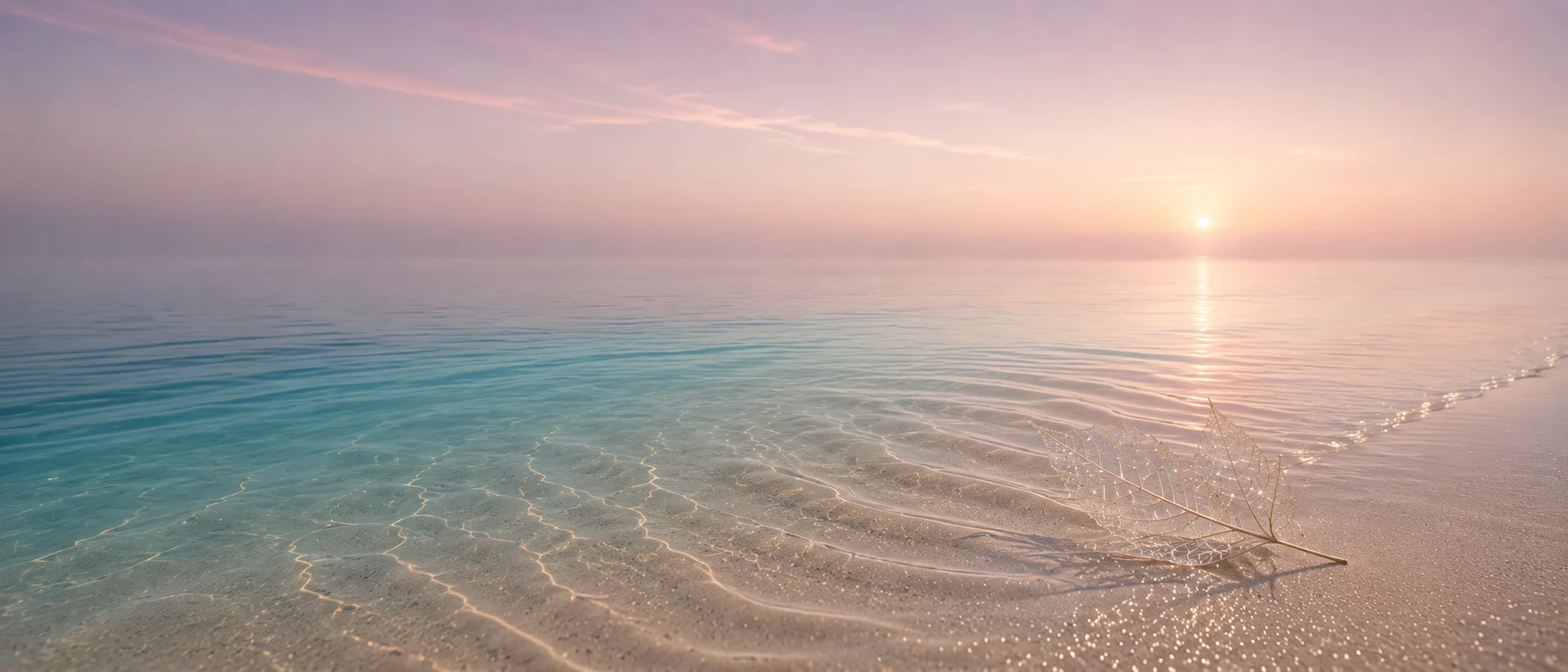 Спокойное море на рассвете и ажурный лист у кромки воды